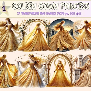 Golden Gown Princess Clipart - 24 PNG Gold Elegant Fairytale Graphics, Royal Dress Illustrations, Instant Digital Download, Commercial Use