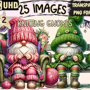 Knitting Gnomes (P2) Clipart - 25 PNG Cozy Gnome Graphics, Colorful Knitting Printables, Instant Digital Download, Unlimited Commercial Use