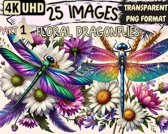 Floral Dragonfly Clipart – 25 PNG Illustrations, Nature Art (Digital Download)