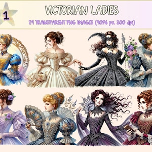 Victorian Ladies Clipart - 24 PNG Elegant Fashion Graphics, Vintage Historical Dress Illustrations, Instant Digital Download, Commercial Use