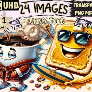 Funny Food Clipart - 24 PNG Quirky and Playful Food Illustrations, Cute Eating Art, Instant Digital Download, Unlimited Commercial Use