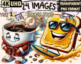 Funny Food Clipart - 24 PNG Quirky and Playful Food Illustrations, Cute Eating Art, Instant Digital Download, Unlimited Commercial Use