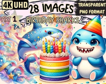 Birthday Sharks Clipart – 28 PNG Party Graphics (Digital Download)