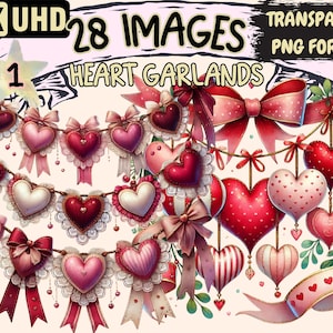 Heart Garlands Clipart - 28 PNG Lovely Garland Illustrations, Valentine's Day Romantic Art,Instant Digital Download,Unlimited Commercial Use