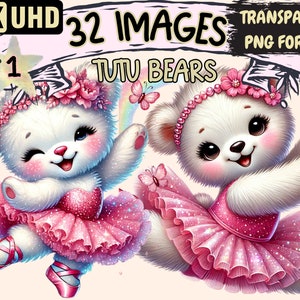 Tutu Bears Clipart - 32 PNG Ballerina Bear Illustrations, Cute Dance Art, Instant Digital Download, Unlimited Commercial Use for Crafts