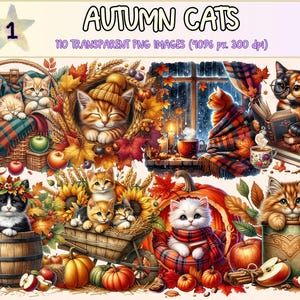 Autumn Cats Clipart - 110 PNG Cozy Kittens Illustrations, Cute Fall Kitty Art, Instant Digital Download, Unlimited Commercial Use for Crafts