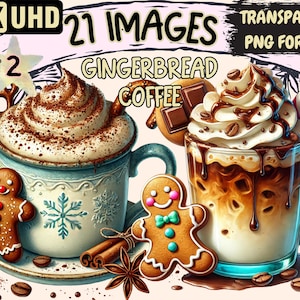 Gingerbread Coffee (P2) Clipart - 21 PNG Festive Cup Graphics, Holiday Drink Printables, Instant Digital Download, Unlimited Commercial Use