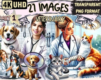 May include: A set of 21 digital illustrations featuring veterinarians and their patients. The illustrations are in a cartoon style and feature a variety of animals, including dogs, cats, and a rabbit. The illustrations are perfect for use in veterinary clinics, websites, and social media.