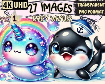 Baby Whales Clipart - 27 PNG Cute Whale Graphics, Adorable Ocean Animal Printables, Instant Digital Download, Unlimited Commercial Use Craft