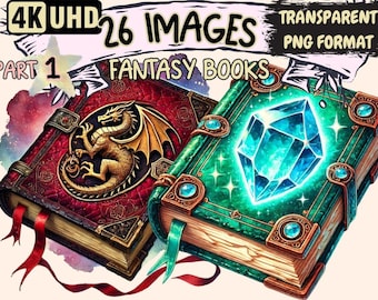 Fantasy Books Clipart – Magical Illustrations, Commercial Use (PNG Digital Download)