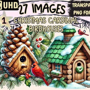 Christmas Cardinal Birdhouses Clipart - 27 PNG Festive Birds Illustrations, Holiday Art, Instant Digital Download, Unlimited Commercial Use