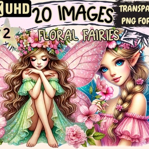 Floral Fairies (P2) Clipart - 20 PNG Flower Fairy Illustrations, Magic Garden Art, Instant Digital Download, Unlimited Commercial Use Crafts