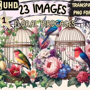 Floral Birdcages Clipart - 23 PNG Elegant Birdcage Graphics, Floral Printables, Instant Digital Download, Unlimited Commercial Use Crafts