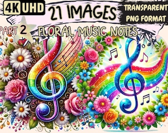 Floral Music Notes Clipart – 21 PNG Illustrations (Digital Download)