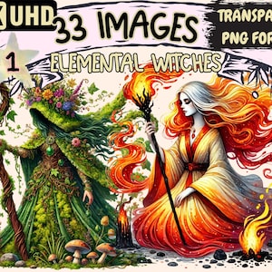 Elemental Witches Clipart - 33 PNG Mystical Witch Illustrations, Fantasy Elements Art, Instant Digital Download, Unlimited Commercial Use