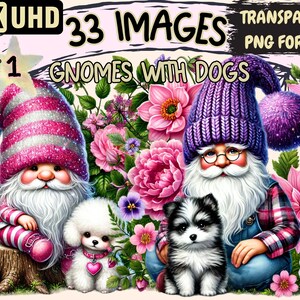 Gnomes with Dogs Clipart - 33 PNG Canine Companion Illustrations, Whimsical Art, Instant Digital Download, Unlimited Commercial Use Crafts