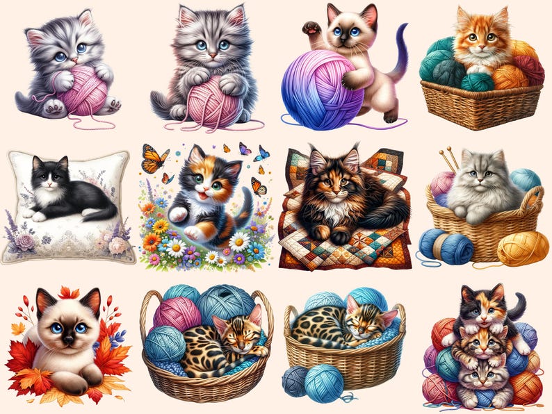 Kittens Clipart - 91 PNG Adorable Kitten Graphics, Cute Cat Printables, Instant Digital Download, Unlimited Commercial Use Crafts Designs image 2