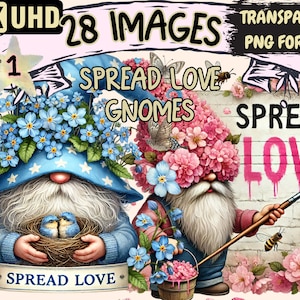 Spread Love Gnomes Clipart - 28 PNG Whimsical Gnome Graphics, Love Printables, Instant Digital Download, Unlimited Commercial Use for Crafts