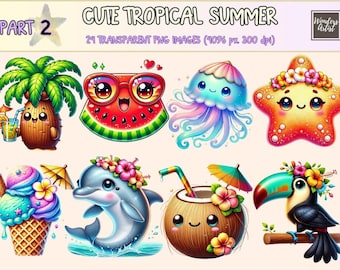 Cute Tropical Summer (P2) Clipart - 24 PNG Fun Beach Graphics, Adorable Printable Illustrations, Instant Digital Download,Commercial Use
