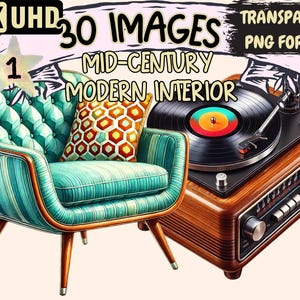 Mid-Century Modern Interior Clipart - 30 PNG Retro Home Graphics, Interior Printables, Instant Digital Download, Unlimited Commercial Use