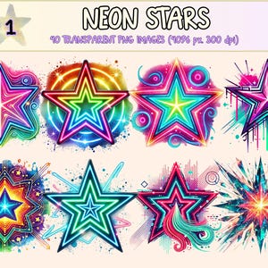 Neon Stars Clipart - 40 PNG Glowing Celestial Graphics, Bright Futuristic Star Print Illustrations, Instant Digital Download, Commercial Use