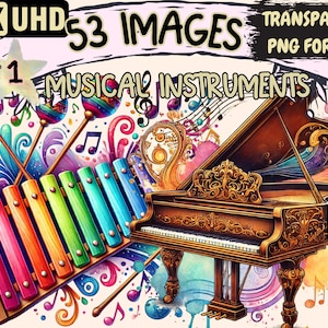 Musical Instruments Clipart - 53 PNG Vibrant Instrument Graphics, Music Printables, Instant Digital Download,Unlimited Commercial Use Crafts