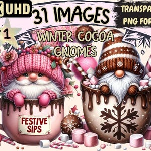 Winter Cocoa Gnomes Clipart – Cozy Holiday PNG Graphics (Digital Download)