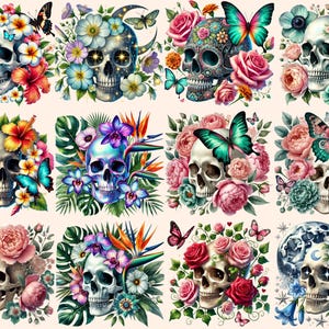 May include: A collage of ten colorful digital illustrations featuring sugar skulls surrounded by flowers and butterflies. Each skull is decorated with intricate details and vibrant colors.