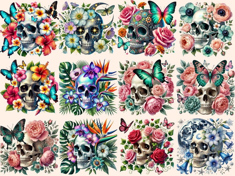 May include: A collage of ten colorful digital illustrations featuring sugar skulls surrounded by flowers and butterflies. Each skull is decorated with intricate details and vibrant colors.