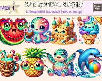 Cute Tropical Summer (P1) Clipart - 23 PNG Fun Beach Graphics, Adorable Printable Illustrations, Instant Digital Download,Commercial Use