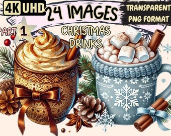 Christmas Drinks Clipart – Festive Holiday Beverage Illustrations (PNG Digital Download)