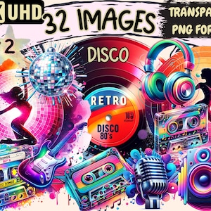 Disco (P2) Clipart - 32 PNG Retro Disco Graphics, Dancing Printables, Instant Digital Download, Unlimited Commercial Use Crafts & Designs