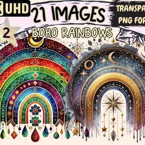 Boho Rainbows (P2) Clipart - 21 PNG Artistic Rainbow Illustrations, Bohemian Designs, Instant Digital Download, Unlimited Commercial Use