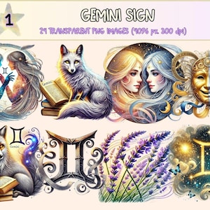 Gemini Sign Clipart – Watercolor Zodiac PNG Graphics (Digital Download)