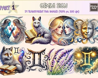 Gemini Sign Clipart – Watercolor Zodiac PNG Graphics (Digital Download)