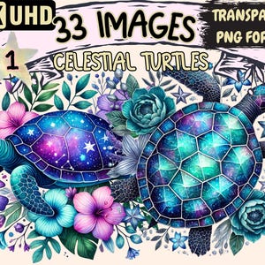 Celestial Turtles Clipart - 33 PNG Cosmic Turtle Illustrations, Starry Fantasy Art, Instant Digital Download, Unlimited Commercial Use