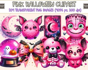 Pink Halloween Clipart - 204 PNG Cute Spooky Graphics, Pastel Witchy Printables, Instant Digital Download, Unlimited Commercial Use Crafts