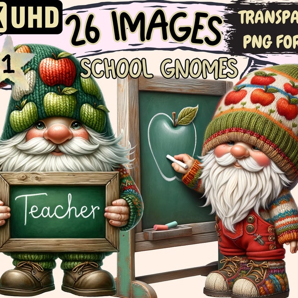 School Gnomes Clipart - 26 PNG Teacher Gnome Back to School Graphics, Gnomes Printables, Instant Digital Download, Unlimited Commercial Use