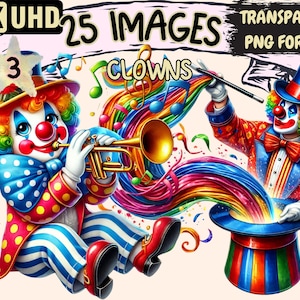Clowns (P3) Clipart - 25 PNG Colorful Circus Performer Illustrations, Whimsical Art, Instant Digital Download, Unlimited Commercial Use