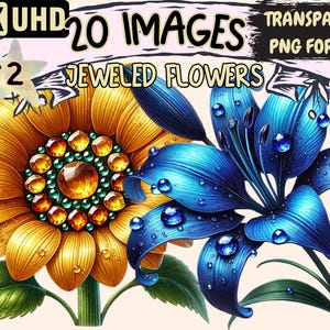 Jeweled Flowers (P2) Clipart - 20 PNG Elegant Gem Floral Illustrations, Decorative Art, Instant Digital Download, Unlimited Commercial Use