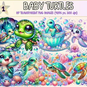 Baby Turtles Clipart Bundle - 89 PNG Cute Turtle Graphics, Little Tortoise Printables, Instant Digital Download, Unlimited Commercial Use