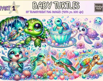 Baby Turtles Clipart Bundle - 89 PNG Cute Turtle Graphics, Little Tortoise Printables, Instant Digital Download, Unlimited Commercial Use