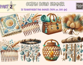 Ocean Boho Clipart - Summer Coastal PNG Graphics (Digital Download)