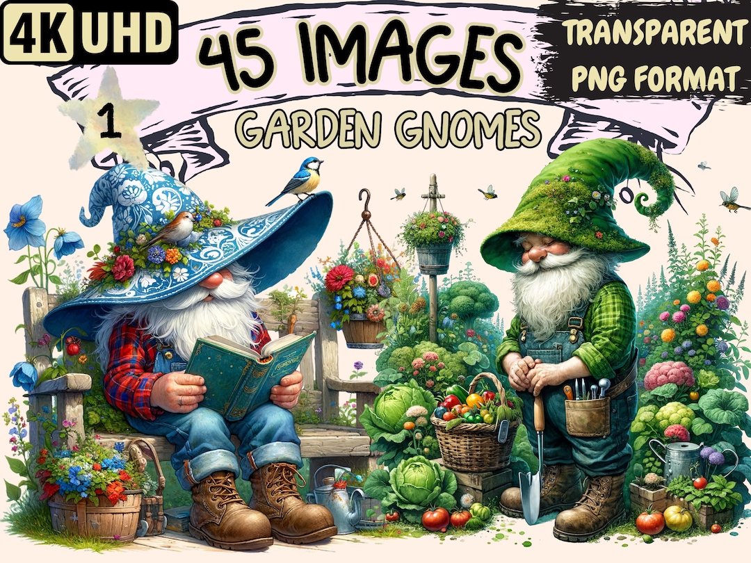 Garden Gnomes Clipart Bundle - 45 PNG Springtime Gardener Gnome, Cute ...