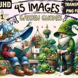 Gartenzwerge Clipart Bundle - 45 PNG Frühlingsgärtnerzwerge, süße Wichtel Druckbares, Sofortiger digitaler Download, Unbegrenzte kommerzielle Nutzung