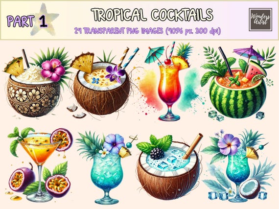 Tropical Cocktails Clipart – Exotic Summer Drink PNG Graphics (Digital Download)