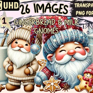 Gingerbread & Milk Gnomes Clipart - 26 PNG Festive Gnome Illustrations, Holiday Art,Instant Digital Download,Unlimited Commercial Use Crafts