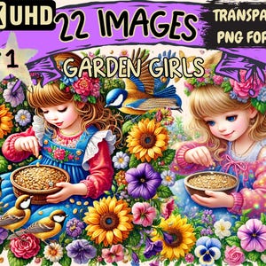Garden Girls Clipart - 22 PNG Floral Child Illustrations, Girl Whimsical Art, Instant Digital Download, Unlimited Commercial Use for Crafts