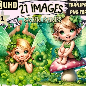 Green Fairies Clipart - 21 PNG Nature Fairy Graphics, Cute Forest Magical Printables, Instant Digital Download, Unlimited Commercial Use