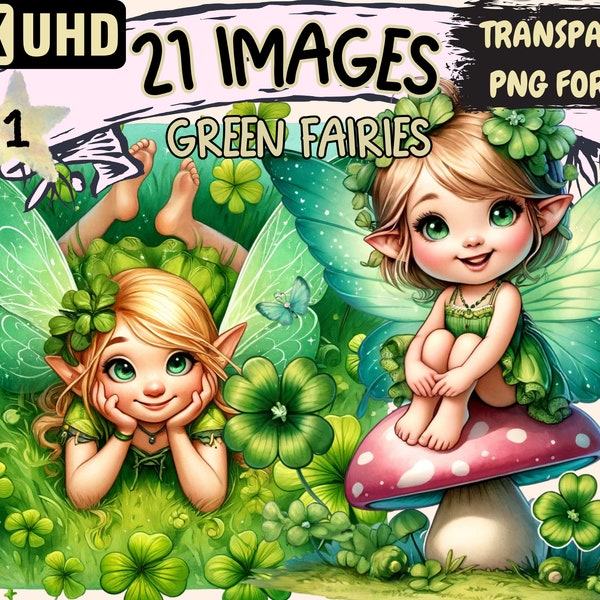 Green Fairies Clipart - 21 PNG Nature Fairy Graphics, Cute Forest Magical Printables, Instant Digital Download, Unlimited Commercial Use